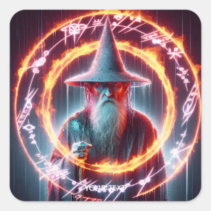 Pegatina Cuadrada Fantasy Cute Wizard Fire Rings