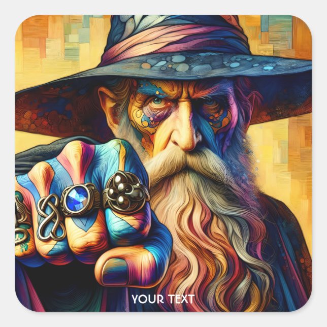 Pegatina Cuadrada Fantasy Cute Wizard Fist Tattoo (Anverso)