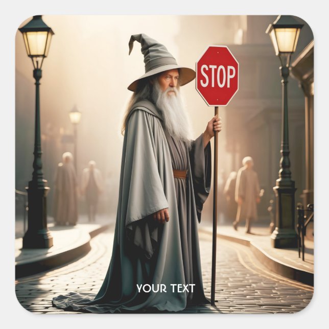 Pegatina Cuadrada Fantasy Cute Wizard Rótulo Stop (Anverso)