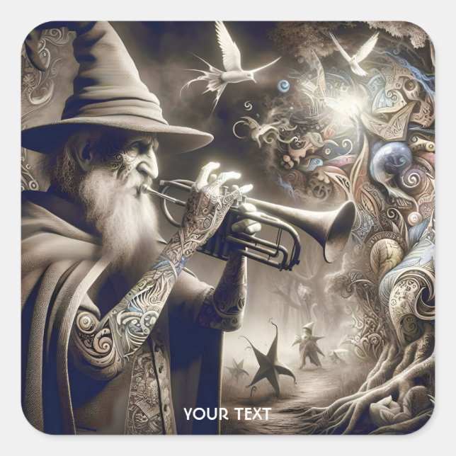 Pegatina Cuadrada Fantasy Cute Wizard Trumpet Forest (Anverso)