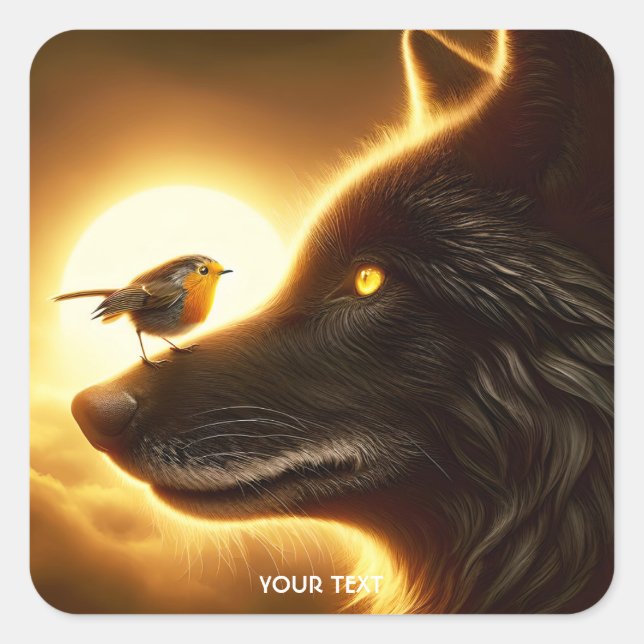 Pegatina Cuadrada Fantasy Cute Wolf Bird Sun (Anverso)