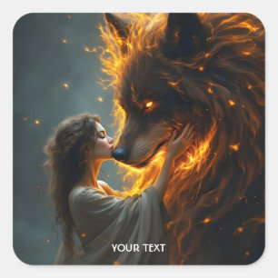 Pegatina Cuadrada Fantasy Cute Wolf Chica Fire