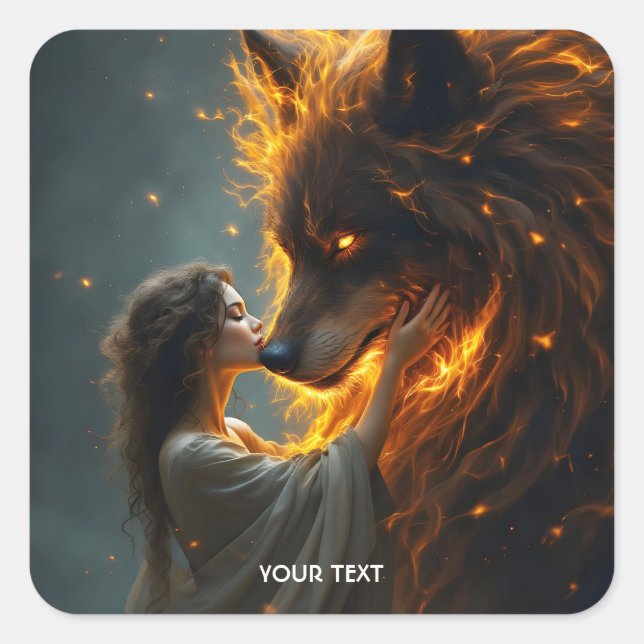 Pegatina Cuadrada Fantasy Cute Wolf Chica Fire (Anverso)