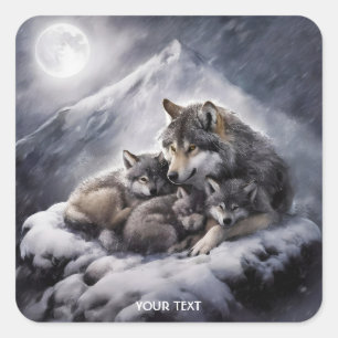 Pegatina Cuadrada Fantasy Cute Wolf Family Winter