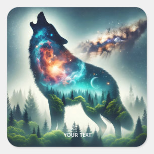 Pegatina Cuadrada Fantasy Cute Wolf Forest Space