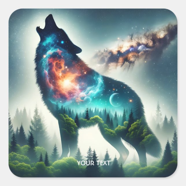 Pegatina Cuadrada Fantasy Cute Wolf Forest Space (Anverso)