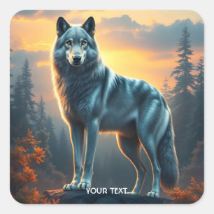 Pegatina Cuadrada Fantasy Cute Wolf On Rock