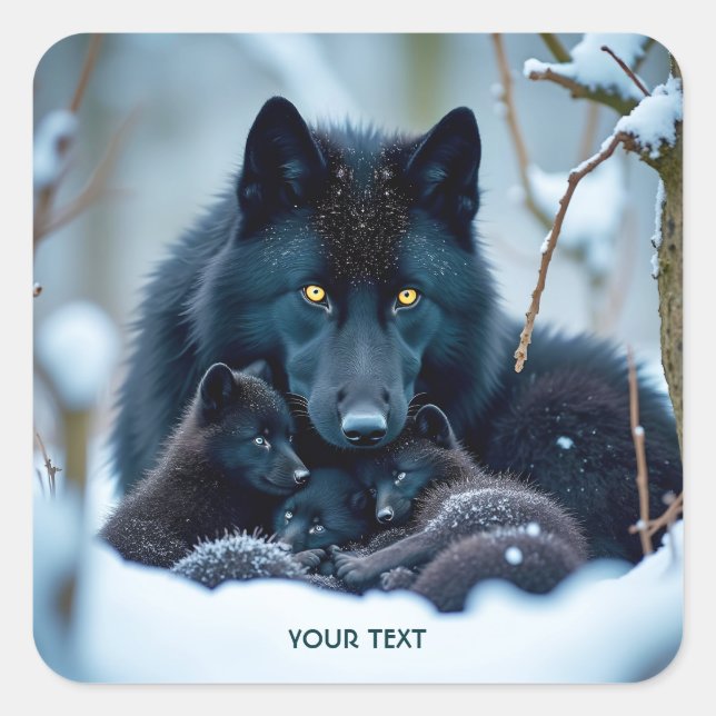 Pegatina Cuadrada Fantasy Cute Wolf Two Pups (Anverso)