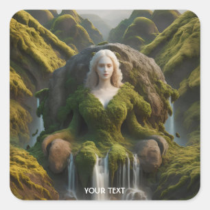 Pegatina Cuadrada Fantasy Cute Woman Moss Waterfall
