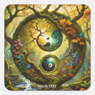 Pegatina Cuadrada Fantasy Cute Yin Yang Forest