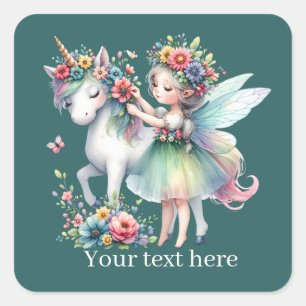 Pegatina Cuadrada Fantasy Fairy unicorn agrega texto