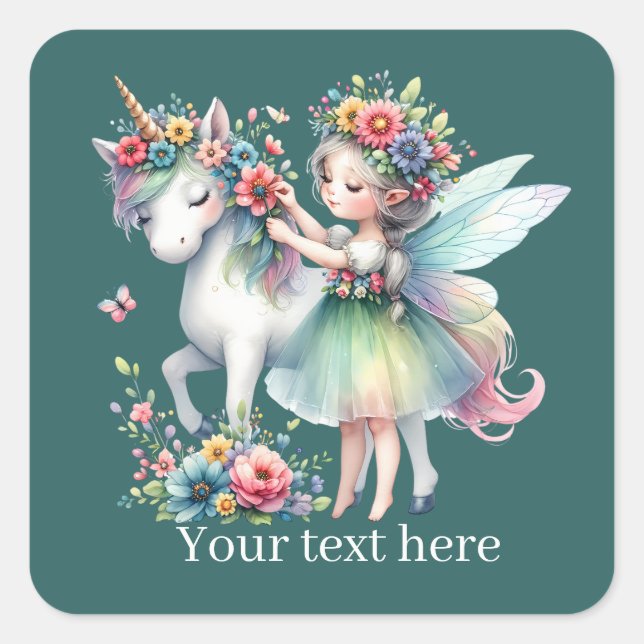 Pegatina Cuadrada Fantasy Fairy unicorn agrega texto (Anverso)