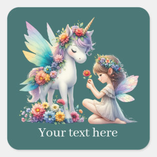 Pegatina Cuadrada Fantasy Fairy unicorn agrega texto