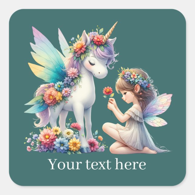 Pegatina Cuadrada Fantasy Fairy unicorn agrega texto (Anverso)