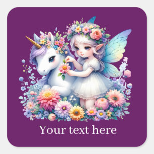 Pegatina Cuadrada Fantasy Fairy unicorn agrega texto