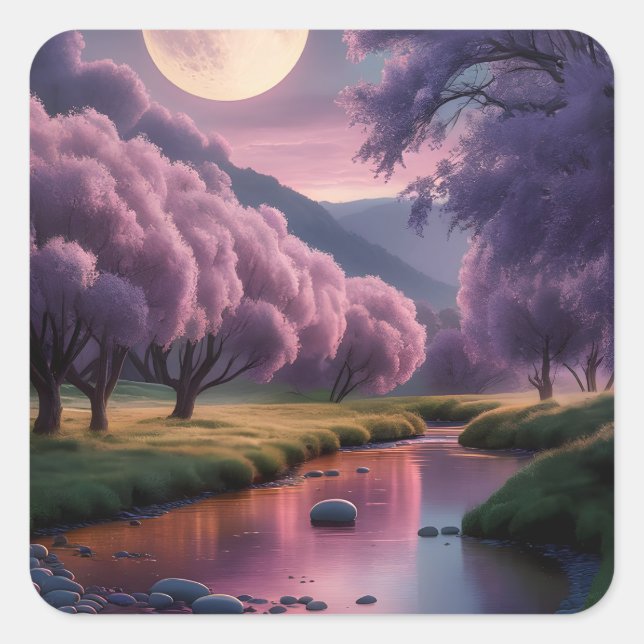 Pegatina Cuadrada Fantasy Moonlit River Dreamscape Illustration (Anverso)