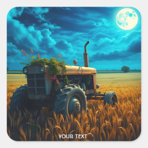 Pegatina Cuadrada Fantasy Tractor Cute Moon Field