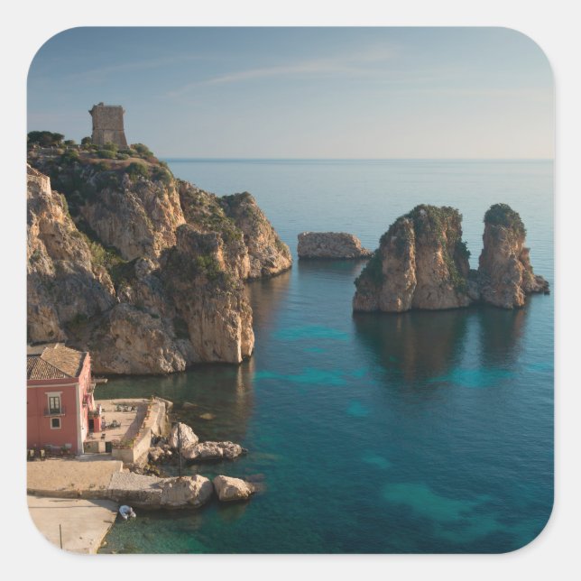 Pegatina Cuadrada Faraglioni y Tonnara en Scopello, Sicilia (Anverso)