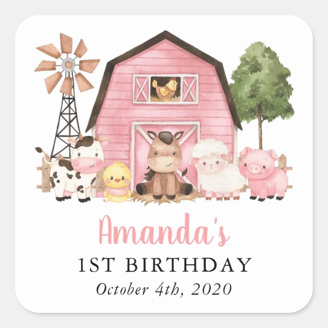 Pegatina Cuadrada Farm Animals, Cute Animals, Barn, First Birthday (Anverso)