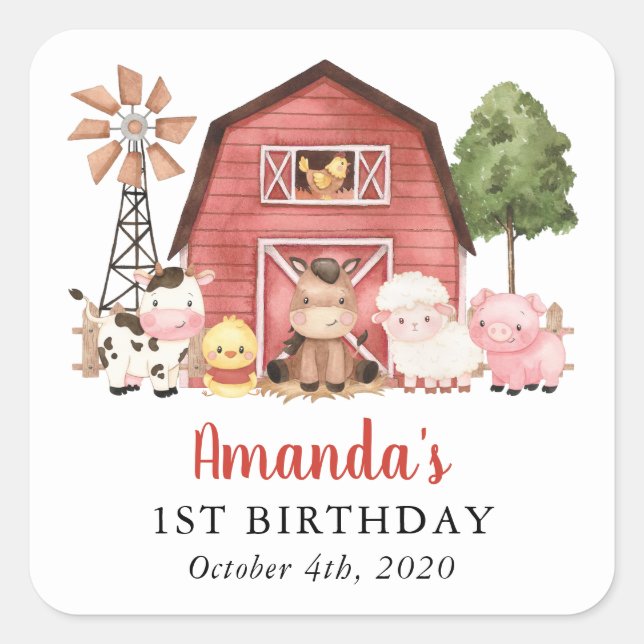 Pegatina Cuadrada Farm Animals, Cute Animals, Barn, First Birthday (Anverso)