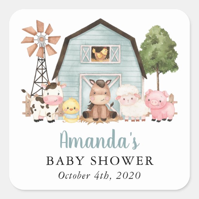 Pegatina Cuadrada Farm Animals, Cute Animals, Blue Barn, Baby Shower (Anverso)