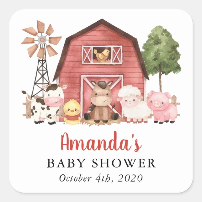 Pegatina Cuadrada Farm Animals, Cute Animals, Red Barn, Baby Shower (Anverso)