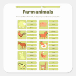 Pegatina Cuadrada Farm Animals Identification Educational Worksheet
