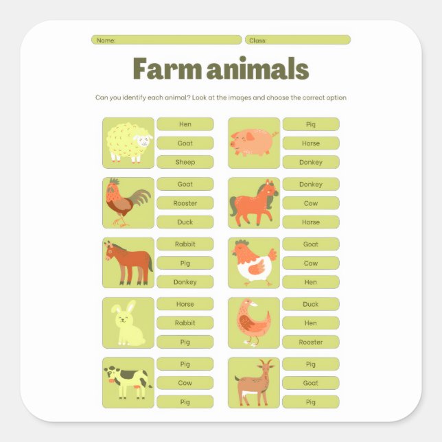 Pegatina Cuadrada Farm Animals Identification Educational Worksheet (Anverso)