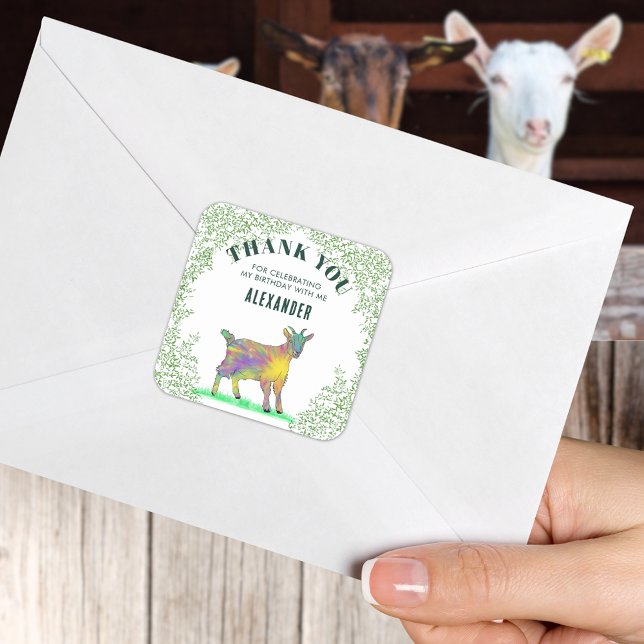 Pegatina Cuadrada Farm Goat Birthday Party Gracias (Cute goat colorful farm animal art personalized birthday party thank you sticker)