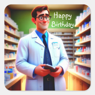 Pegatina Cuadrada Farmacéutico de cumpleaños feliz