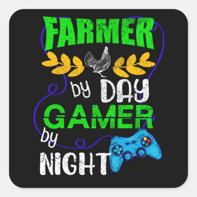 Pegatina Cuadrada Farmer by Day Gamer by Night (Anverso)