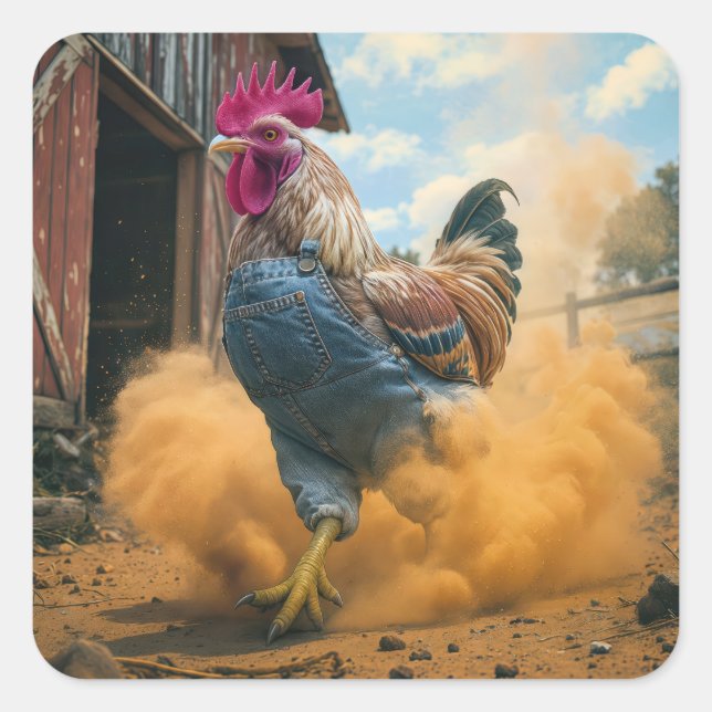Pegatina Cuadrada Farmer Rooster Kicking Up Dust (Anverso)