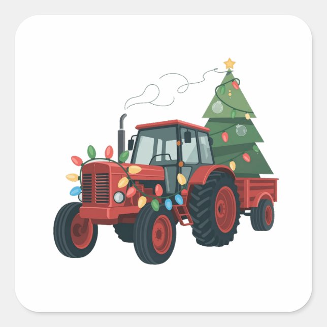 Pegatina Cuadrada Farmer Tractor Xmas Lighting Tractor Christmas   (Anverso)