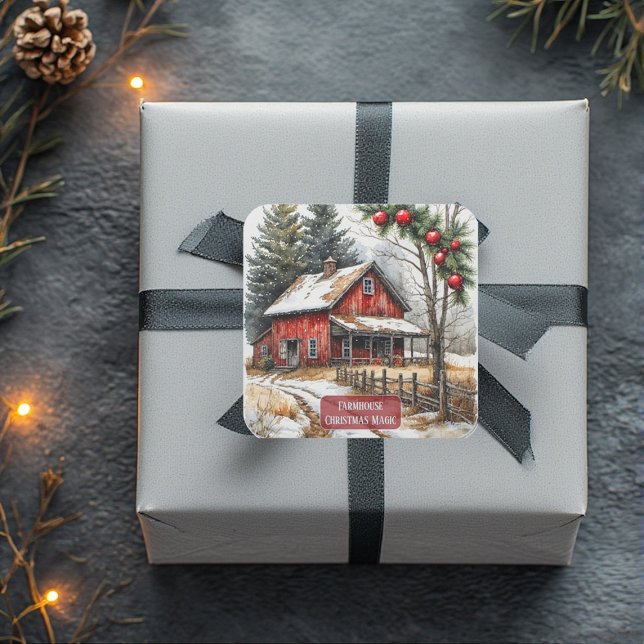 Pegatina Cuadrada Farmhouse Christmas Magic Vintage Rustic  (Farmhouse Christmas Magic Vintage Rustic Square Sticker)