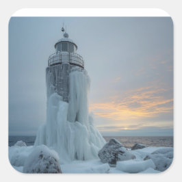 Pegatina Cuadrada faro costero en tormenta invernal