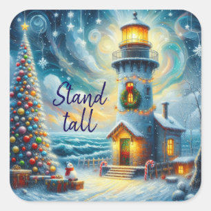 Pegatina Cuadrada Faro de árbol de navidad azul costero náutico