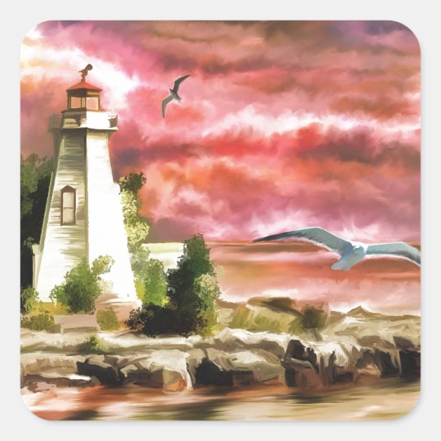 Pegatina Cuadrada Faro de la costa del atardecer (Anverso)