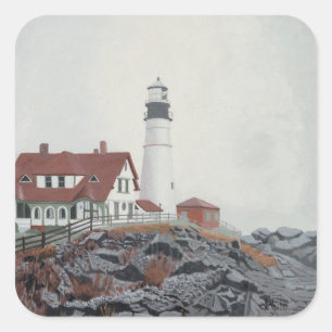 Pegatina Cuadrada Faro de Portland Head en la Niebla