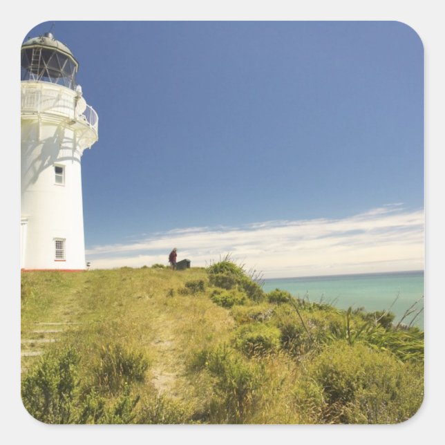 Pegatina Cuadrada Faro del Cabo Oriental, Eastland, Nueva Zelanda (Anverso)