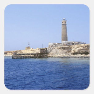 Pegatina Cuadrada Faro en islas Hermanos, Mar Rojo, Egipto