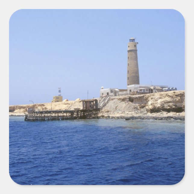 Pegatina Cuadrada Faro en islas Hermanos, Mar Rojo, Egipto (Anverso)