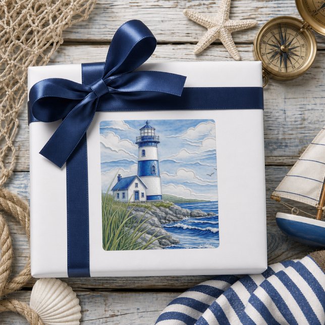 Pegatina Cuadrada Faro junto al mar  (This mockup is a digital representation created using generative AI tools to showcase the design)