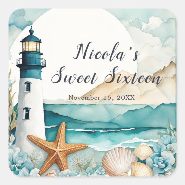 Pegatina Cuadrada Faro Náutico Dulce Dieciséis (Anverso)