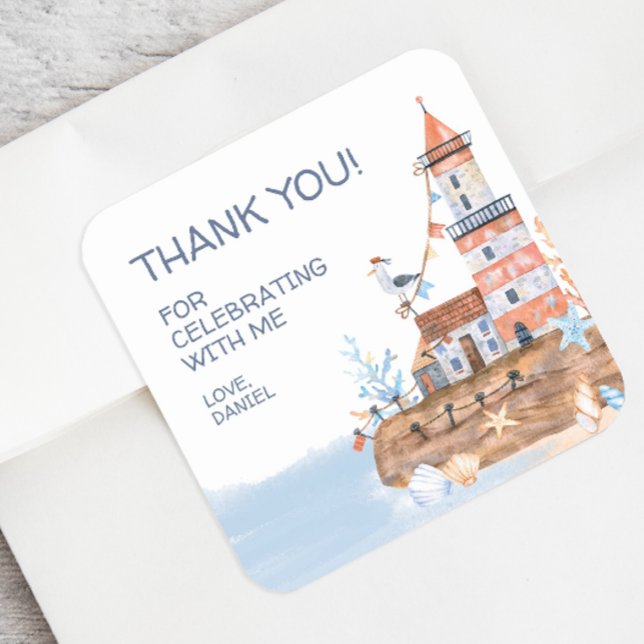 Pegatina Cuadrada Faro personalizado Nautical (Personalized nautical party thank you sticker)