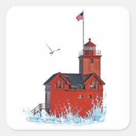 Pegatina Cuadrada Faro Rojo Grande de Michigan