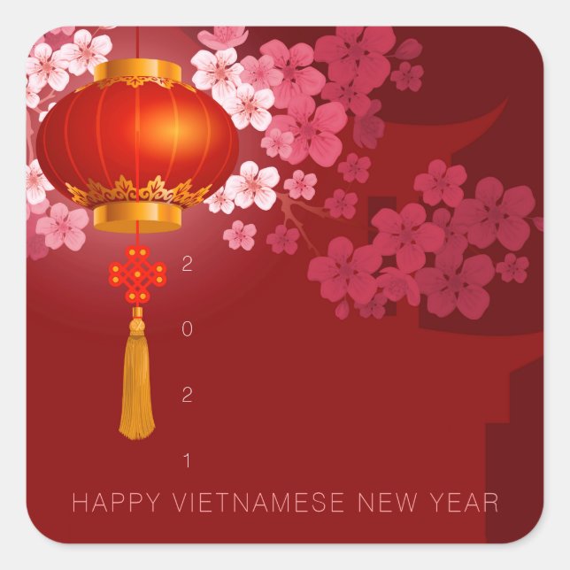 Pegatina Cuadrada Faroles Hao Dao Feliz Año Nuevo Vietnamita SqS (Anverso)