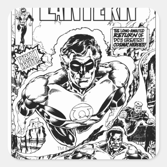 Pegatina Cuadrada Faroles verdes volando, negro y blanco (Anverso)