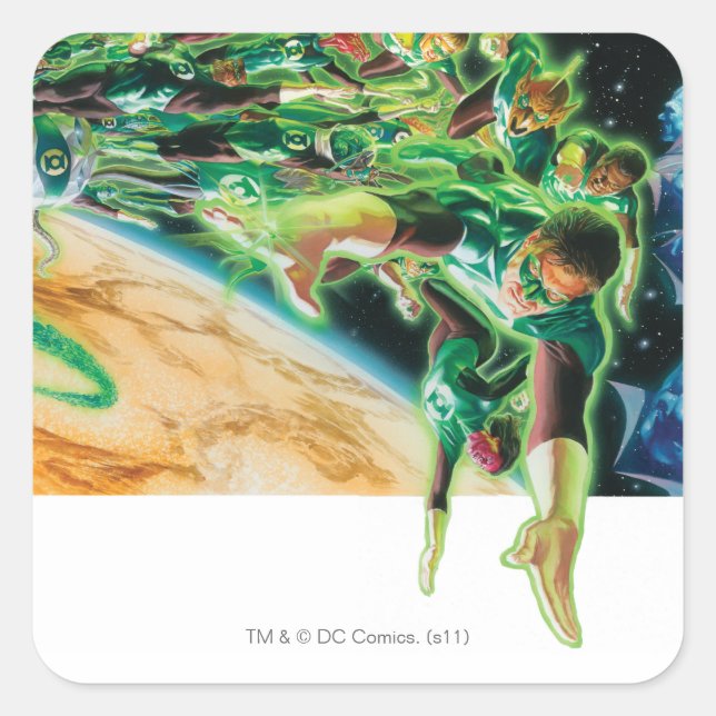 Pegatina Cuadrada Faroles verdes vuelan en el espacio (Anverso)