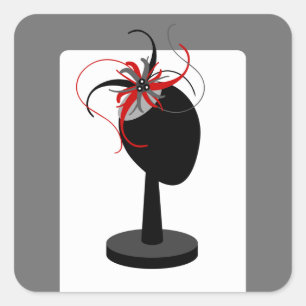 Pegatina Cuadrada Fascinador rojo y negro en base Gorra