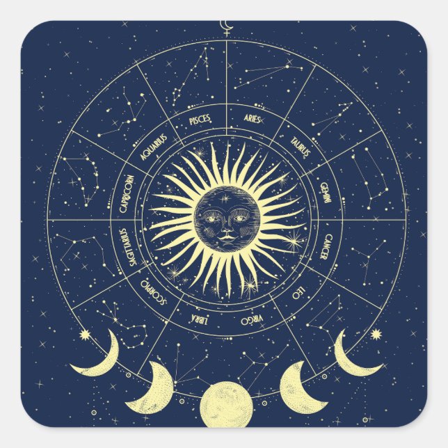 Pegatina Cuadrada Fases celestes de la luna solar Zodiac (Anverso)